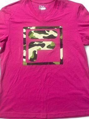 Hot Pink Fila V-Neck Logo Tee with Camo logo (NWOT)